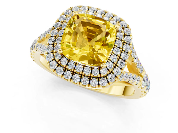 Yellow gold Cushion Cut Yellow Sapphire Double Halo Ring with Split Shank and Prong Setting