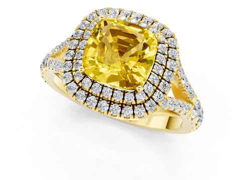 Yellow gold Cushion Cut Yellow Sapphire Double Halo Ring with Split Shank and Prong Setting_13