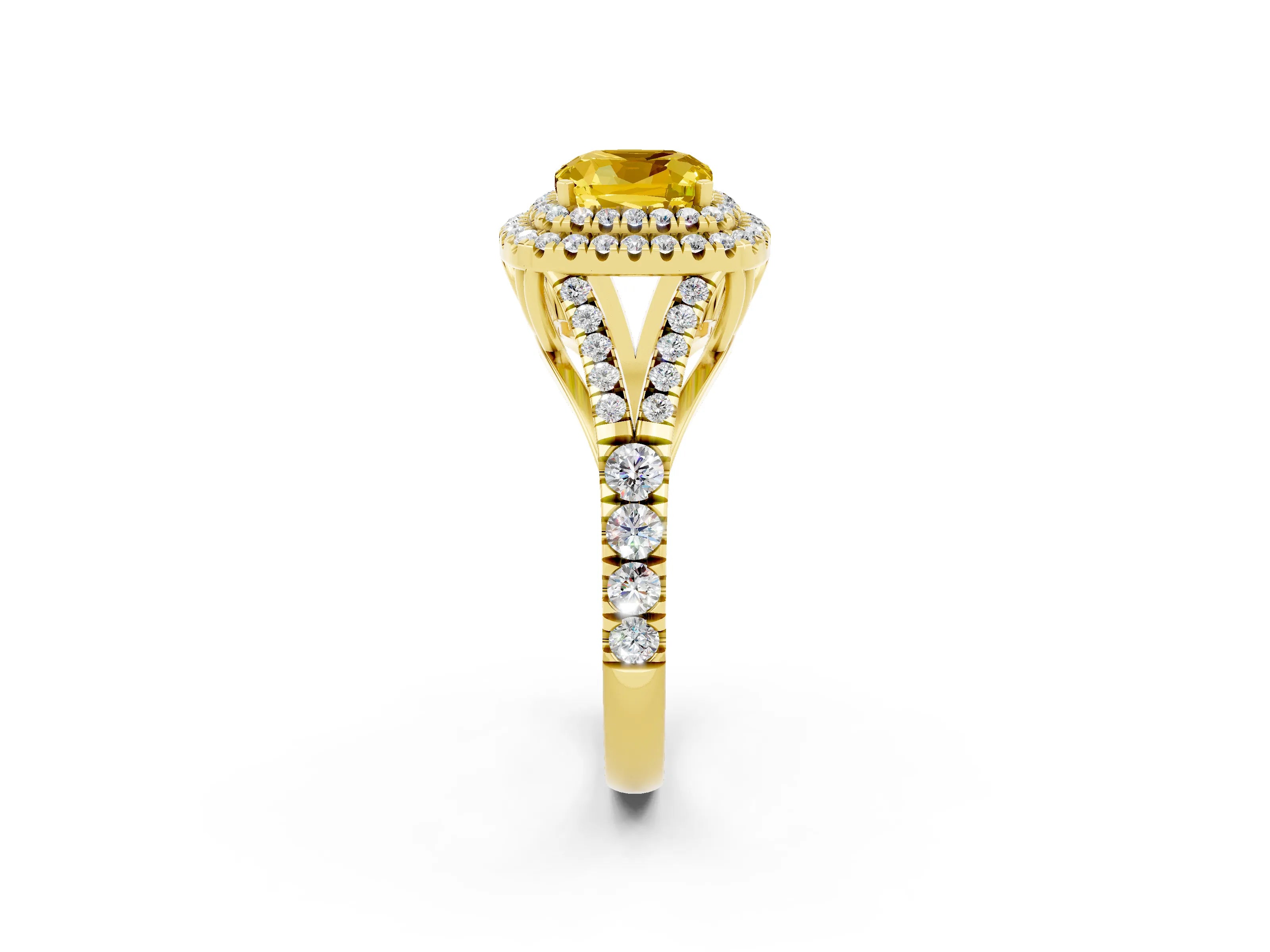 Yellow gold Cushion Cut Yellow Sapphire Double Halo Ring with Split Shank and Prong Setting_14
