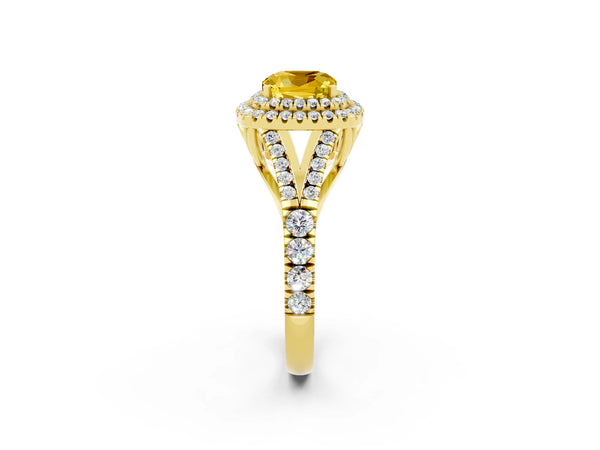Yellow gold Cushion Cut Yellow Sapphire Double Halo Ring with Split Shank and Prong Setting