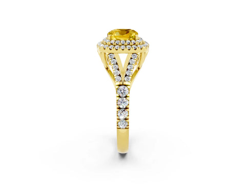 Yellow gold Cushion Cut Yellow Sapphire Double Halo Ring with Split Shank and Prong Setting_14