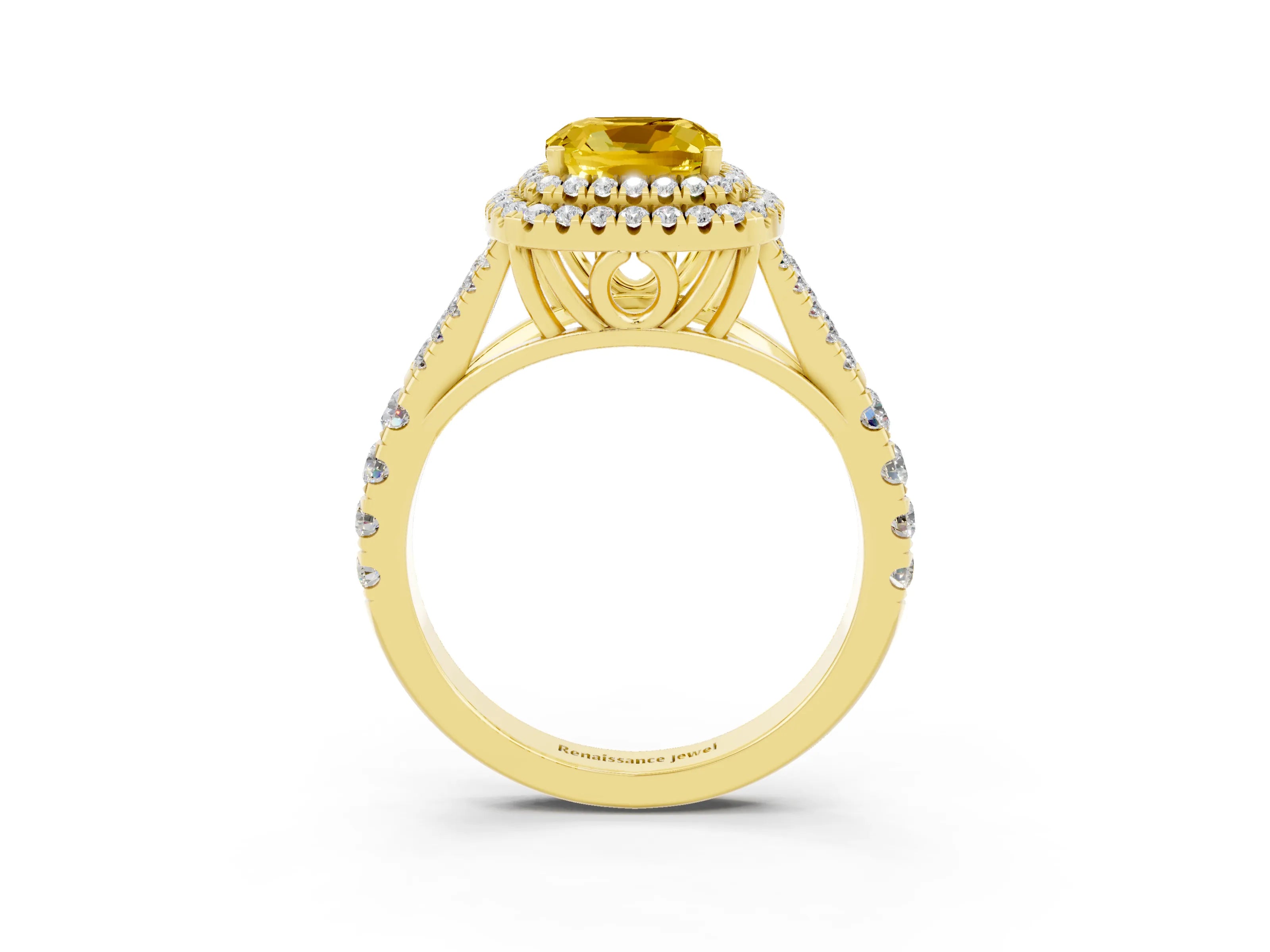 Yellow gold Cushion Cut Yellow Sapphire Double Halo Ring with Split Shank and Prong Setting_15