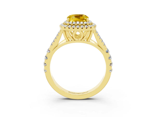 Yellow gold Cushion Cut Yellow Sapphire Double Halo Ring with Split Shank and Prong Setting