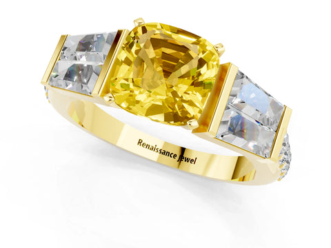 Yellow gold Cushion Cut Yellow Sapphire Engagement Ring with Baguette Side Stones and Channel Set Band_1