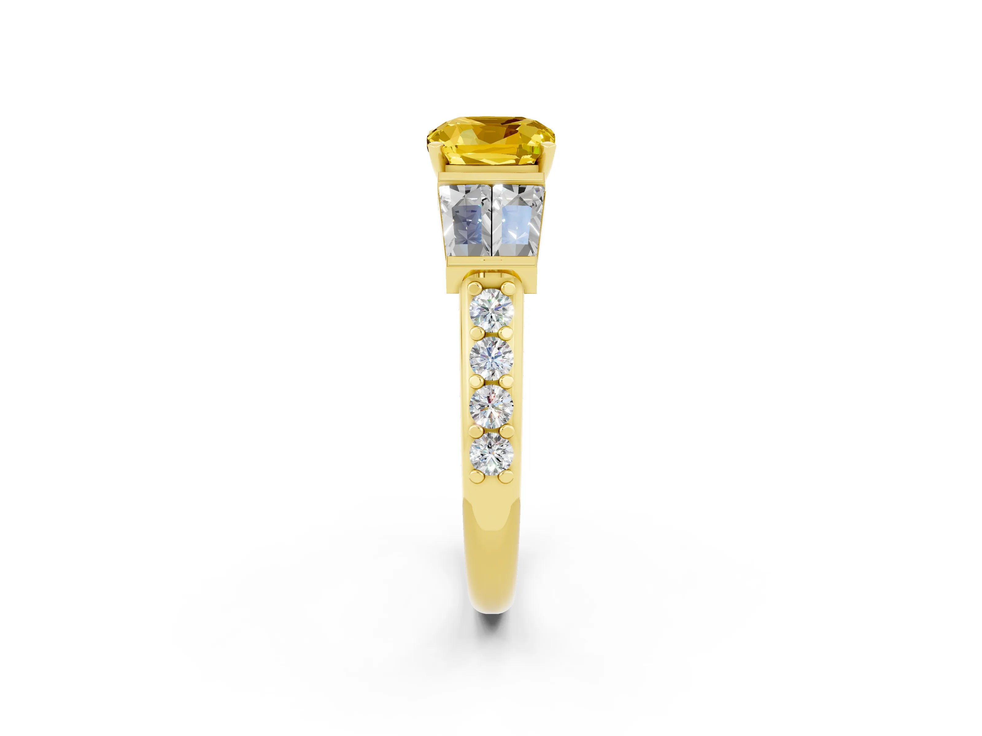 Yellow gold Cushion Cut Yellow Sapphire Engagement Ring with Baguette Side Stones and Channel Set Band_2