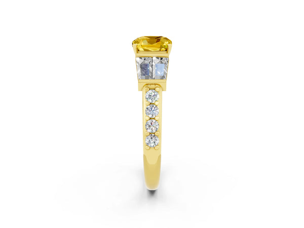 Yellow gold Cushion Cut Yellow Sapphire Engagement Ring with Baguette Side Stones and Channel Set Band