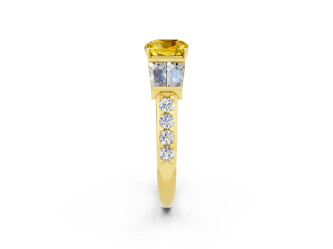 Yellow gold Cushion Cut Yellow Sapphire Engagement Ring with Baguette Side Stones and Channel Set Band_2