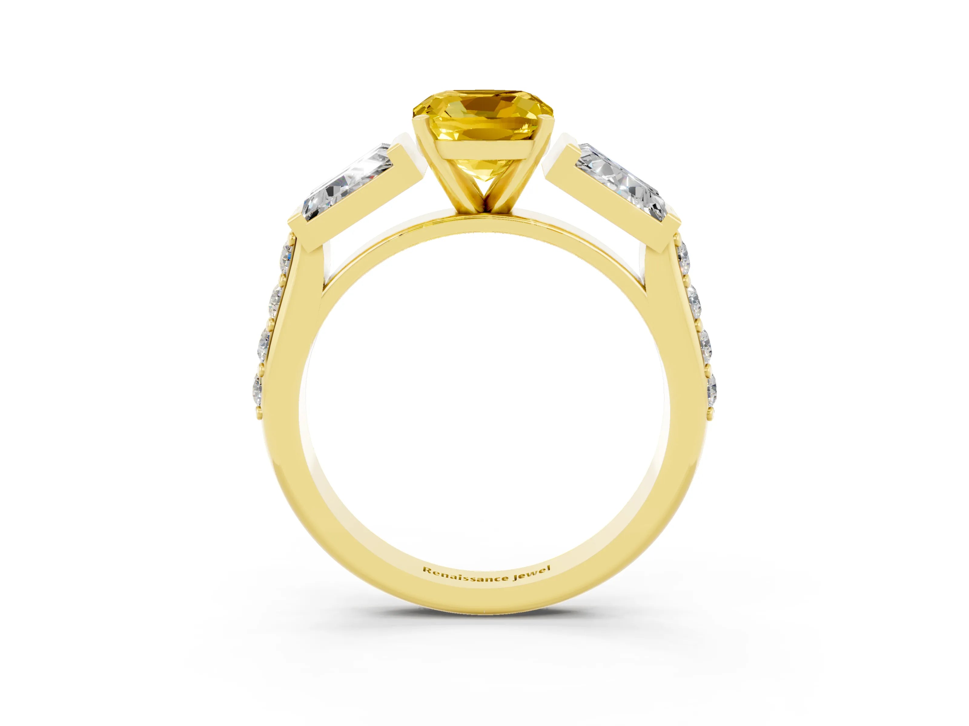 Yellow gold Cushion Cut Yellow Sapphire Engagement Ring with Baguette Side Stones and Channel Set Band_3