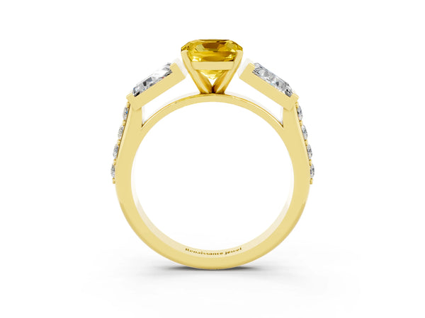 Yellow gold Cushion Cut Yellow Sapphire Engagement Ring with Baguette Side Stones and Channel Set Band