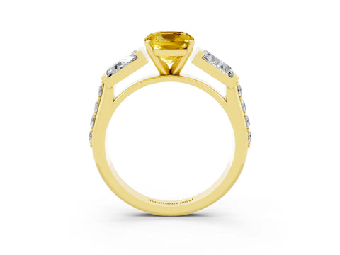 Yellow gold Cushion Cut Yellow Sapphire Engagement Ring with Baguette Side Stones and Channel Set Band_3