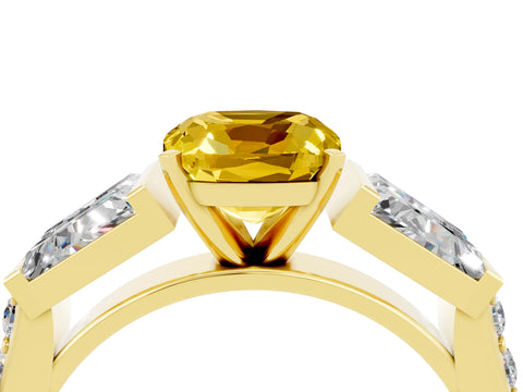 Yellow gold Cushion Cut Yellow Sapphire Engagement Ring with Baguette Side Stones and Channel Set Band_4
