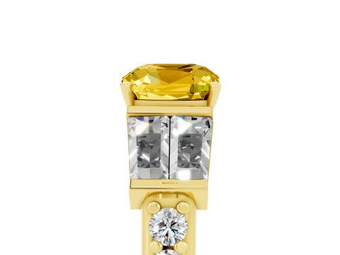 Yellow gold Cushion Cut Yellow Sapphire Engagement Ring with Baguette Side Stones and Channel Set Band_5