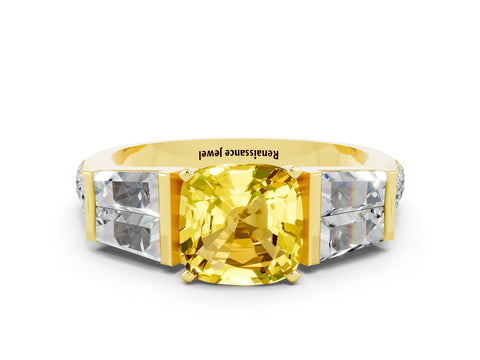 Yellow gold Cushion Cut Yellow Sapphire Engagement Ring with Baguette Side Stones and Channel Set Band