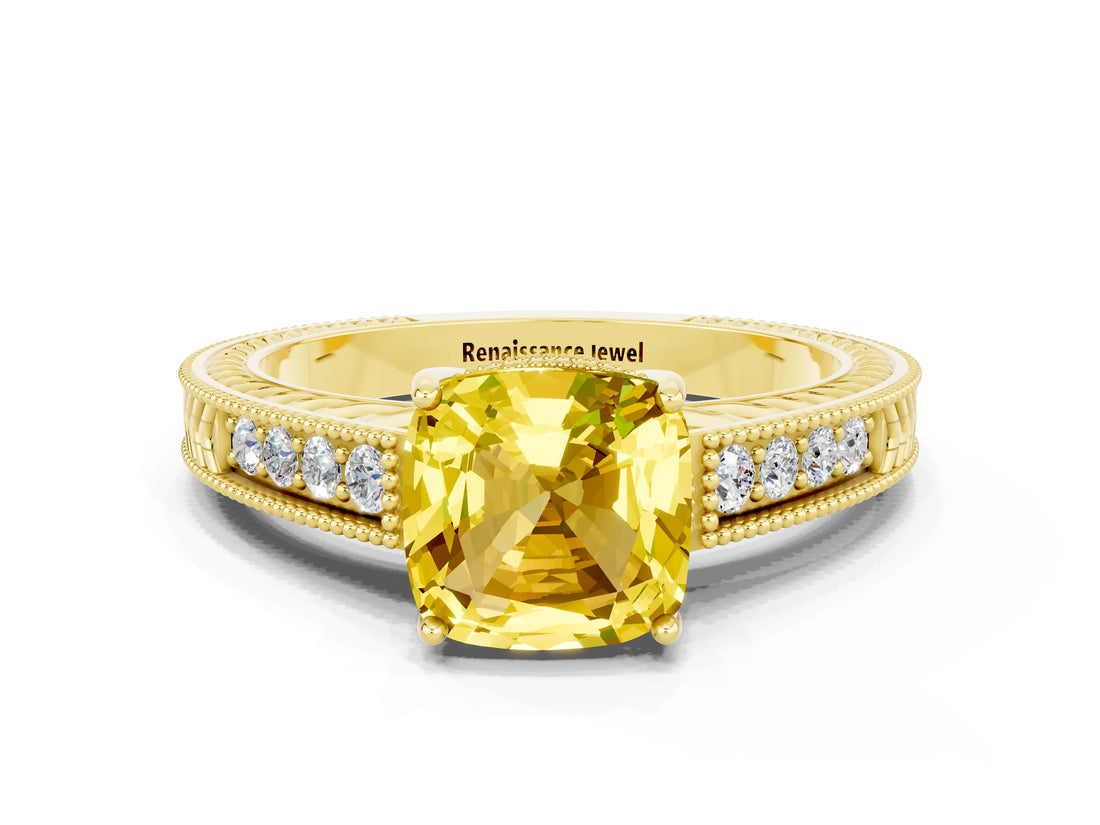 Yellow gold Cushion Cut Yellow Sapphire Engagement Ring with Milgrain Channel Set Band and Prong Setting_24