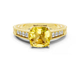 Yellow gold Cushion Cut Yellow Sapphire Engagement Ring with Milgrain Channel Set Band and Prong Setting_24