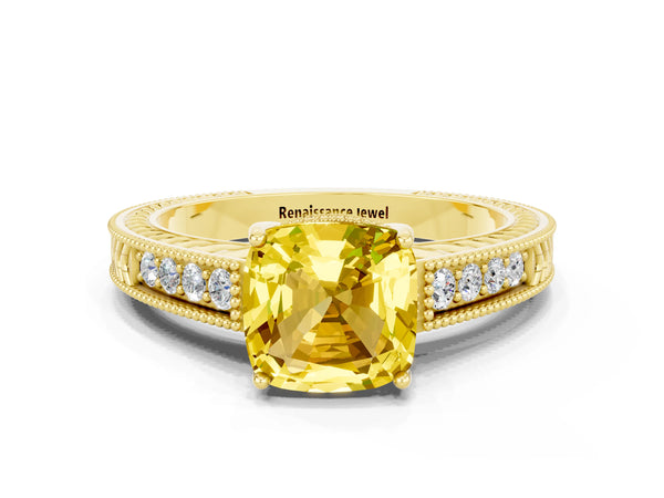 Yellow gold Cushion Cut Yellow Sapphire Engagement Ring with Milgrain Channel Set Band and Prong Setting