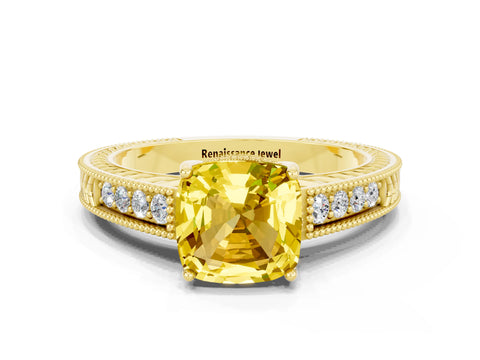 Yellow gold Cushion Cut Yellow Sapphire Engagement Ring with Milgrain Channel Set Band and Prong Setting_24