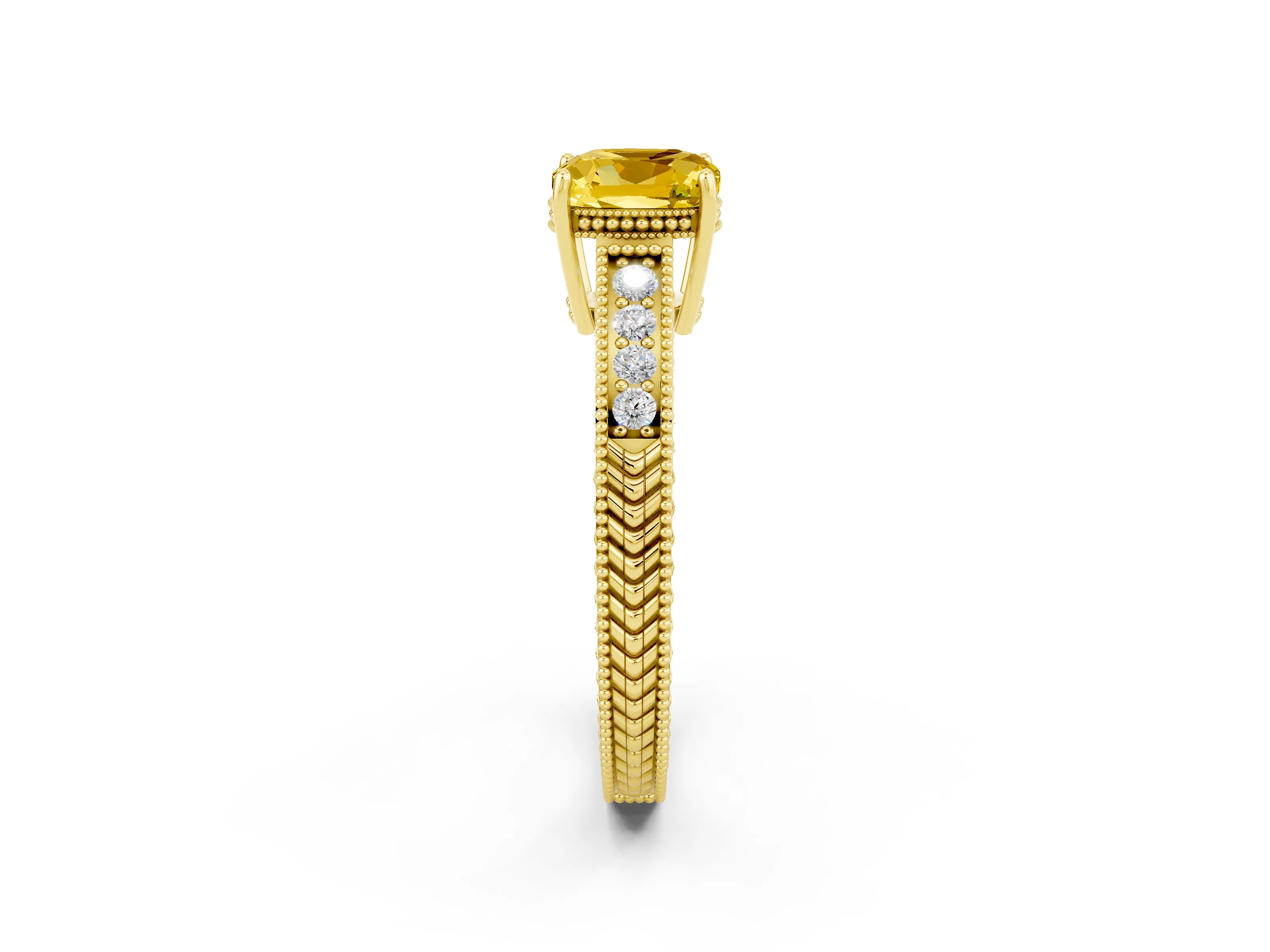 Yellow gold Cushion Cut Yellow Sapphire Engagement Ring with Milgrain Channel Set Band and Prong Setting_26