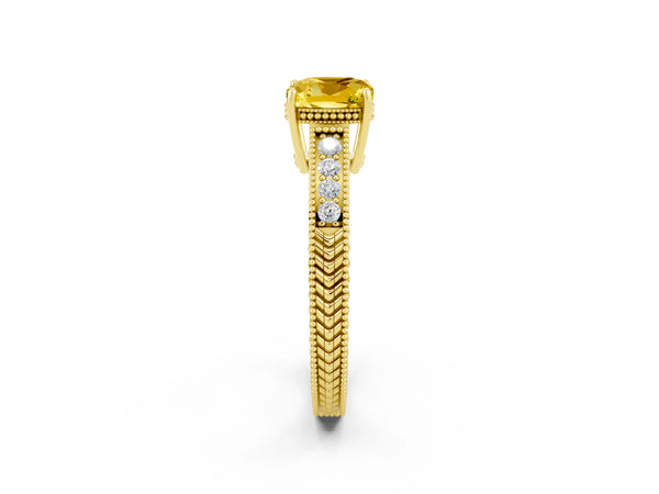 Yellow gold Cushion Cut Yellow Sapphire Engagement Ring with Milgrain Channel Set Band and Prong Setting