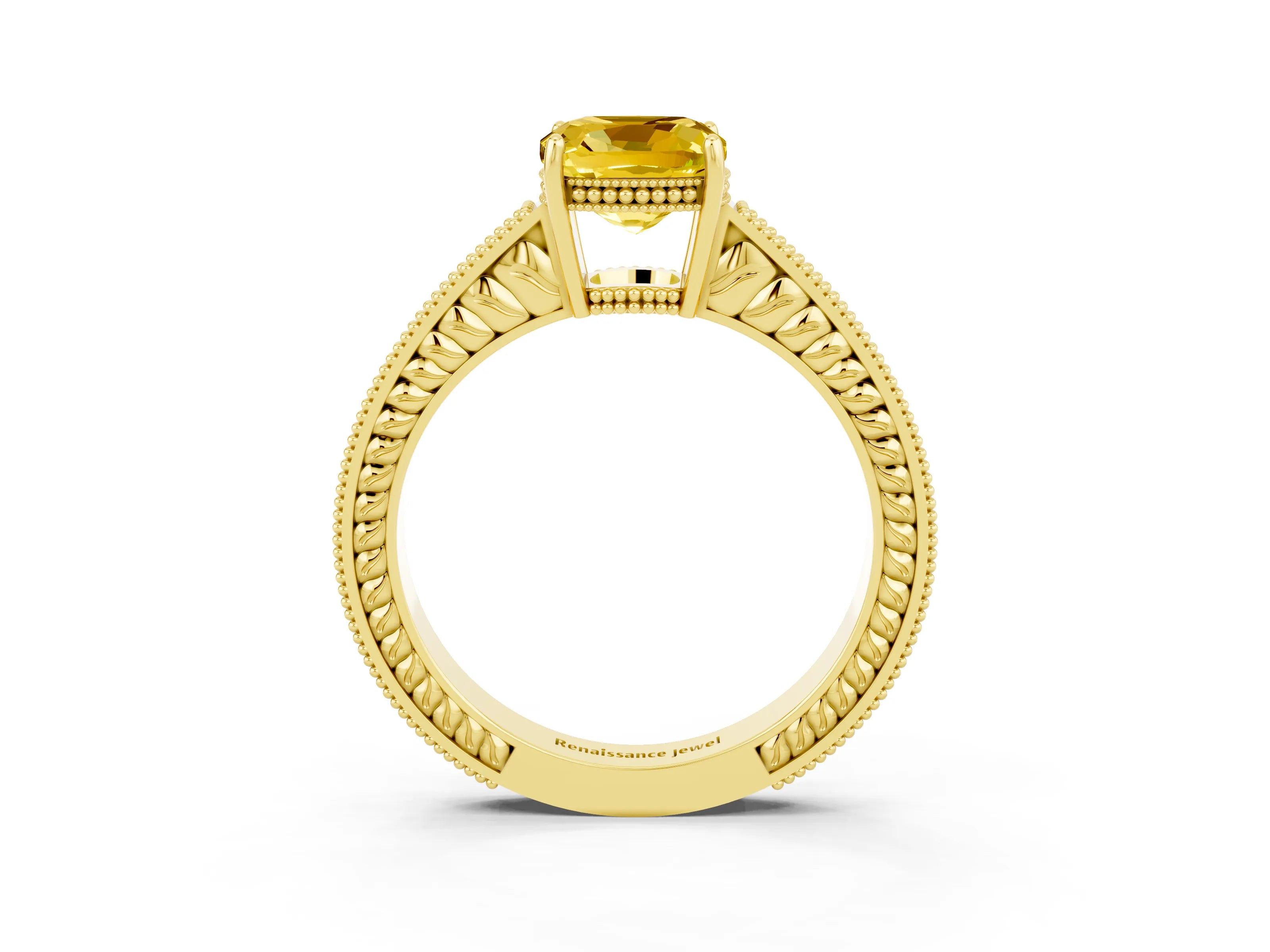 Yellow gold Cushion Cut Yellow Sapphire Engagement Ring with Milgrain Channel Set Band and Prong Setting_27