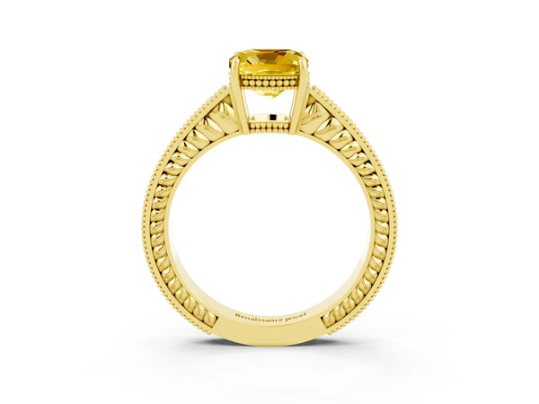 Yellow gold Cushion Cut Yellow Sapphire Engagement Ring with Milgrain Channel Set Band and Prong Setting