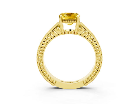 Yellow gold Cushion Cut Yellow Sapphire Engagement Ring with Milgrain Channel Set Band and Prong Setting_27