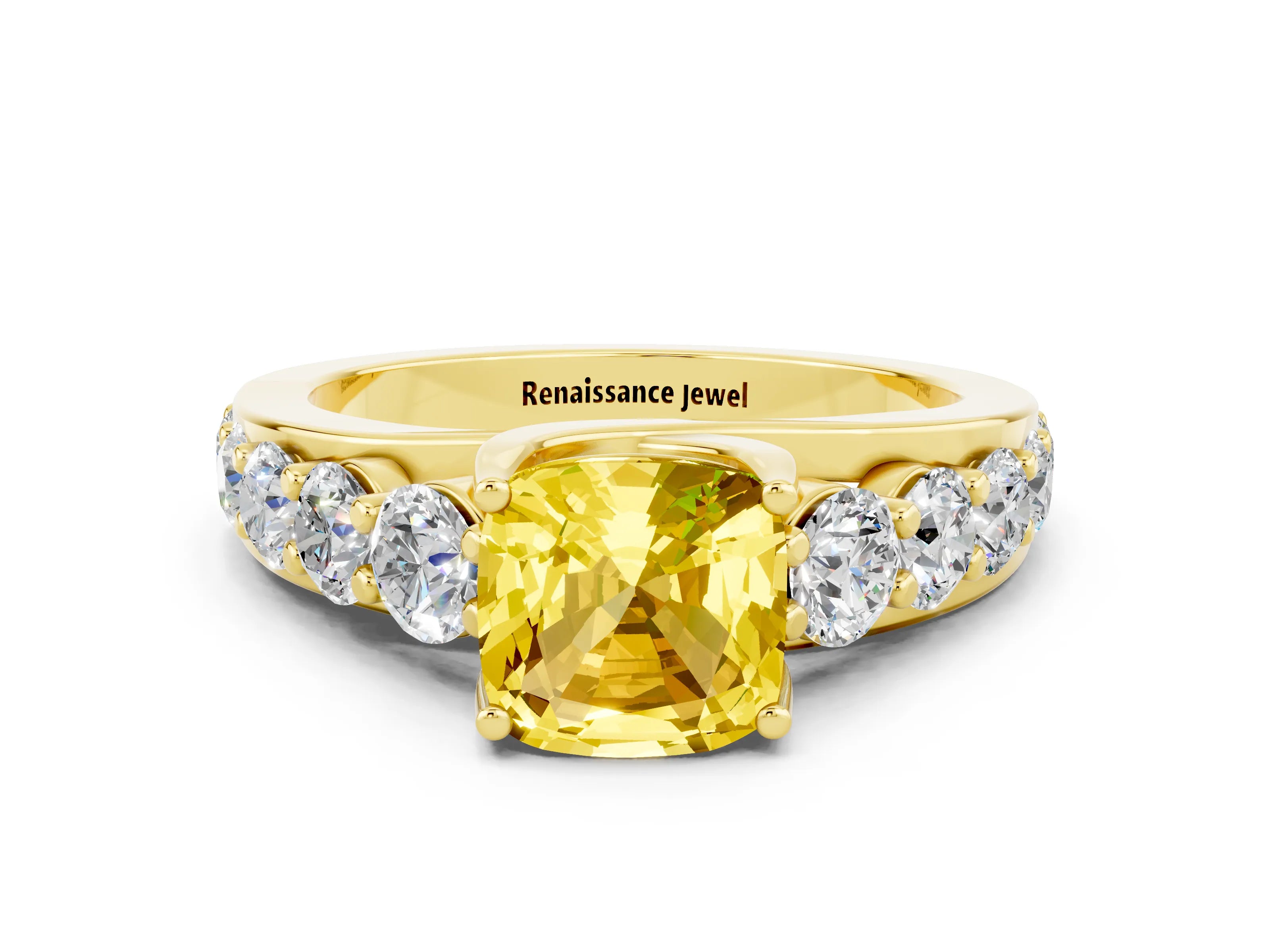 Yellow gold Cushion Cut Yellow Sapphire Engagement Ring with Pavé Band and Four-Prong Setting