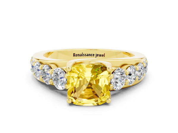 Yellow gold Cushion Cut Yellow Sapphire Engagement Ring with Pavé Band and Four-Prong Setting