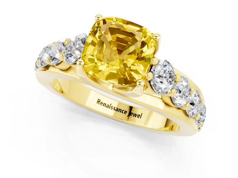 Yellow gold Cushion Cut Yellow Sapphire Engagement Ring with Pavé Band and Four-Prong Setting_1