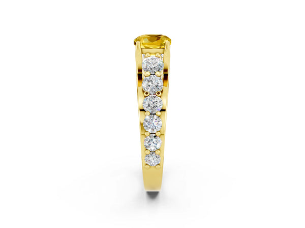 Yellow gold Cushion Cut Yellow Sapphire Engagement Ring with Pavé Band and Four-Prong Setting