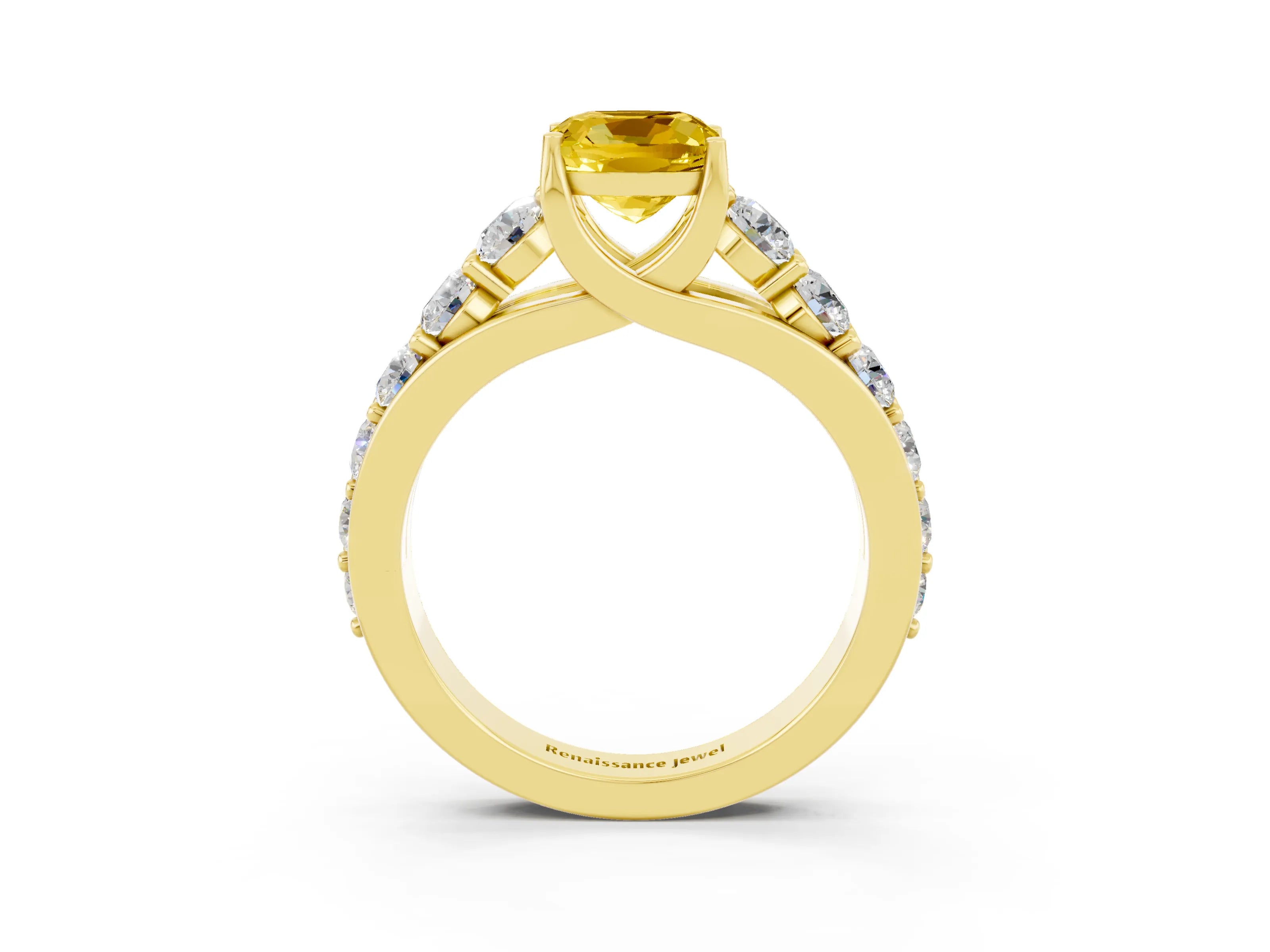 Yellow gold Cushion Cut Yellow Sapphire Engagement Ring with Pavé Band and Four-Prong Setting_3