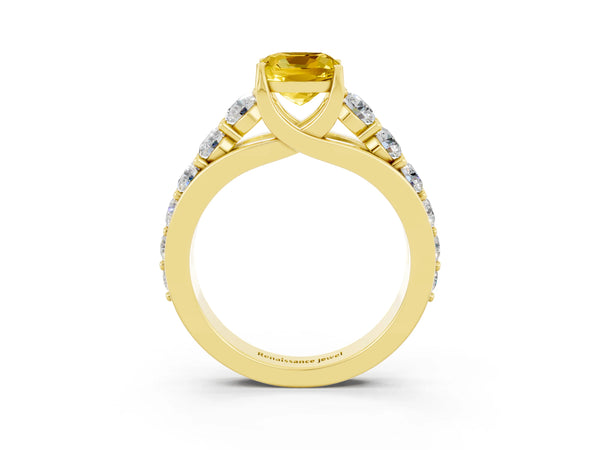 Yellow gold Cushion Cut Yellow Sapphire Engagement Ring with Pavé Band and Four-Prong Setting