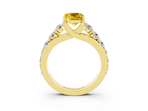 Yellow gold Cushion Cut Yellow Sapphire Engagement Ring with Pavé Band and Four-Prong Setting_3