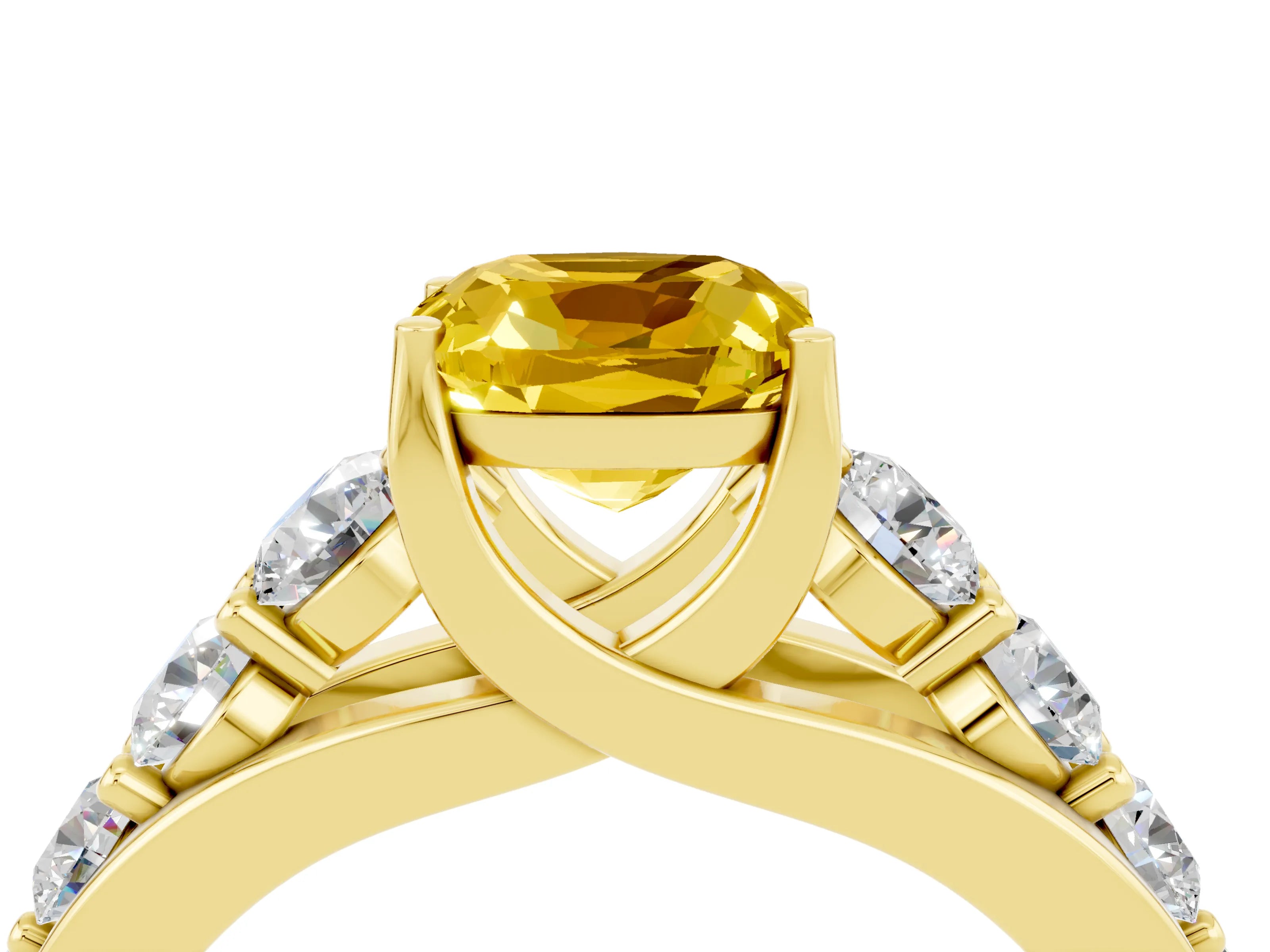 Yellow gold Cushion Cut Yellow Sapphire Engagement Ring with Pavé Band and Four-Prong Setting_4