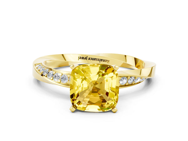 Yellow gold Cushion Cut Yellow Sapphire Engagement Ring with Side Stone Accents and Four-Prong Setting