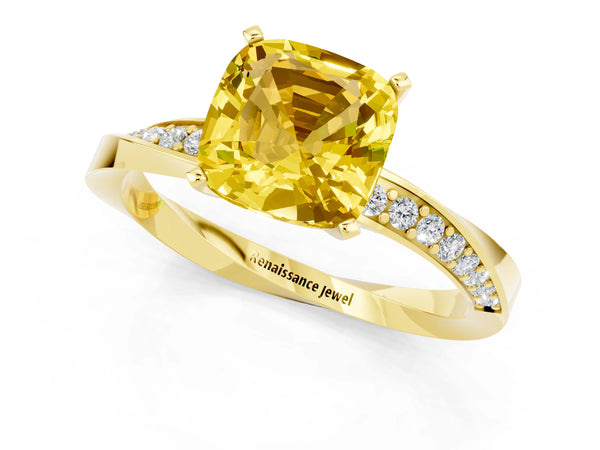 Yellow gold Cushion Cut Yellow Sapphire Engagement Ring with Side Stone Accents and Four-Prong Setting