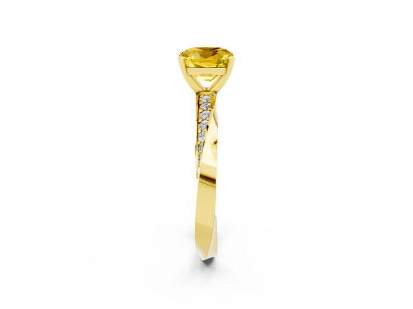 Yellow gold Cushion Cut Yellow Sapphire Engagement Ring with Side Stone Accents and Four-Prong Setting