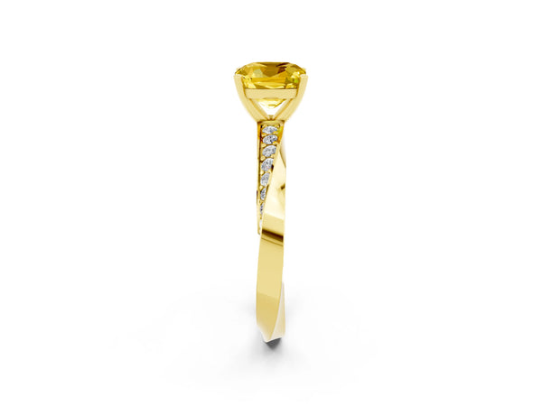 Yellow gold Cushion Cut Yellow Sapphire Engagement Ring with Side Stone Accents and Four-Prong Setting
