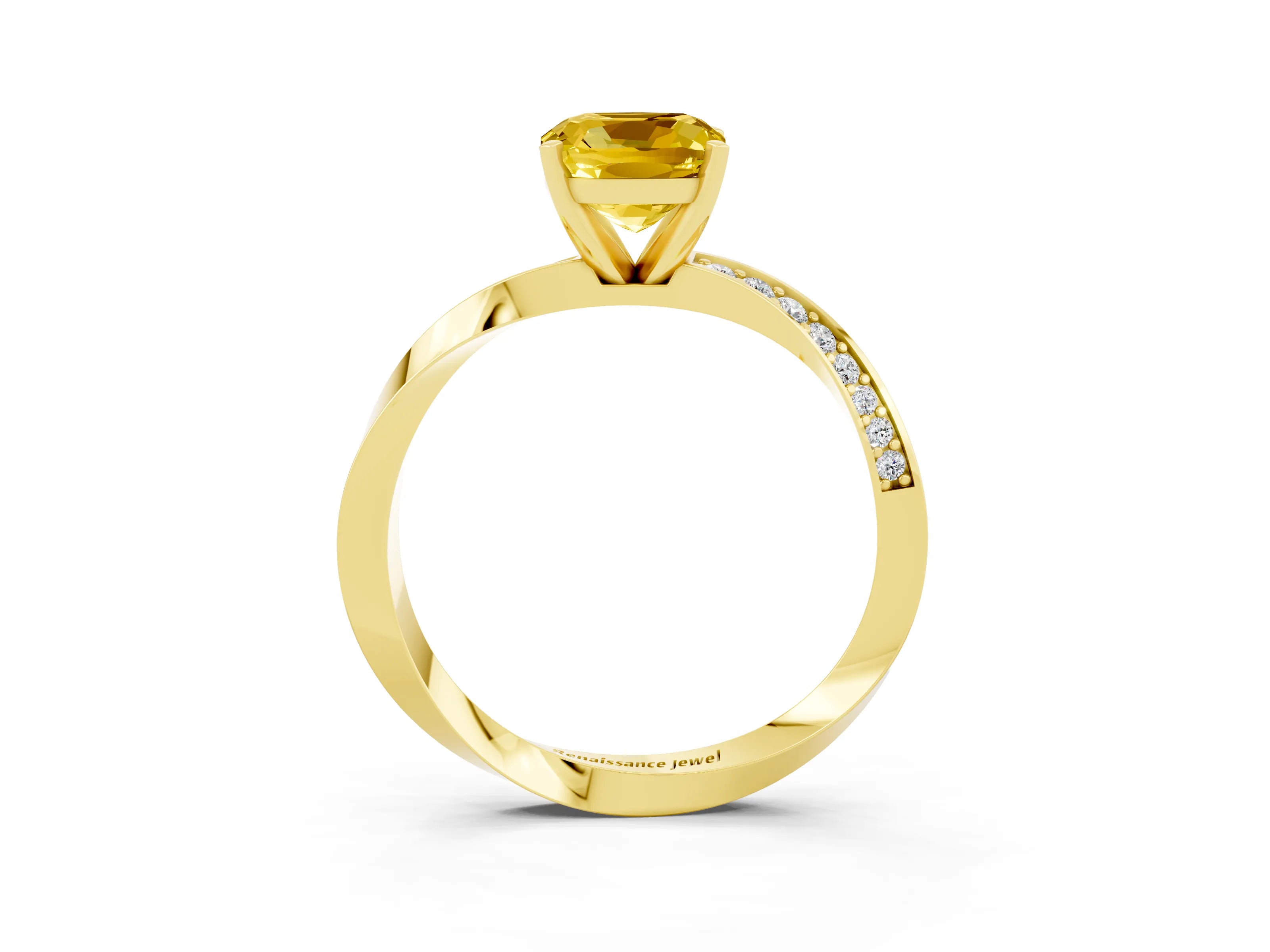 Yellow gold Cushion Cut Yellow Sapphire Engagement Ring with Side Stone Accents and Four-Prong Setting_54