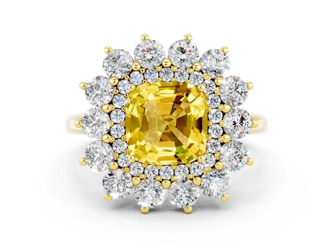 Yellow gold Cushion Cut Yellow Sapphire Floral Double Halo Engagement Ring with Prong Setting_36