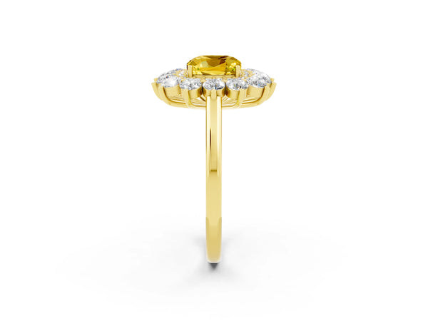 Yellow gold Cushion Cut Yellow Sapphire Floral Double Halo Engagement Ring with Prong Setting