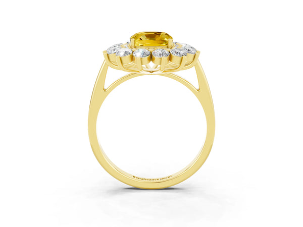 Yellow gold Cushion Cut Yellow Sapphire Floral Double Halo Engagement Ring with Prong Setting