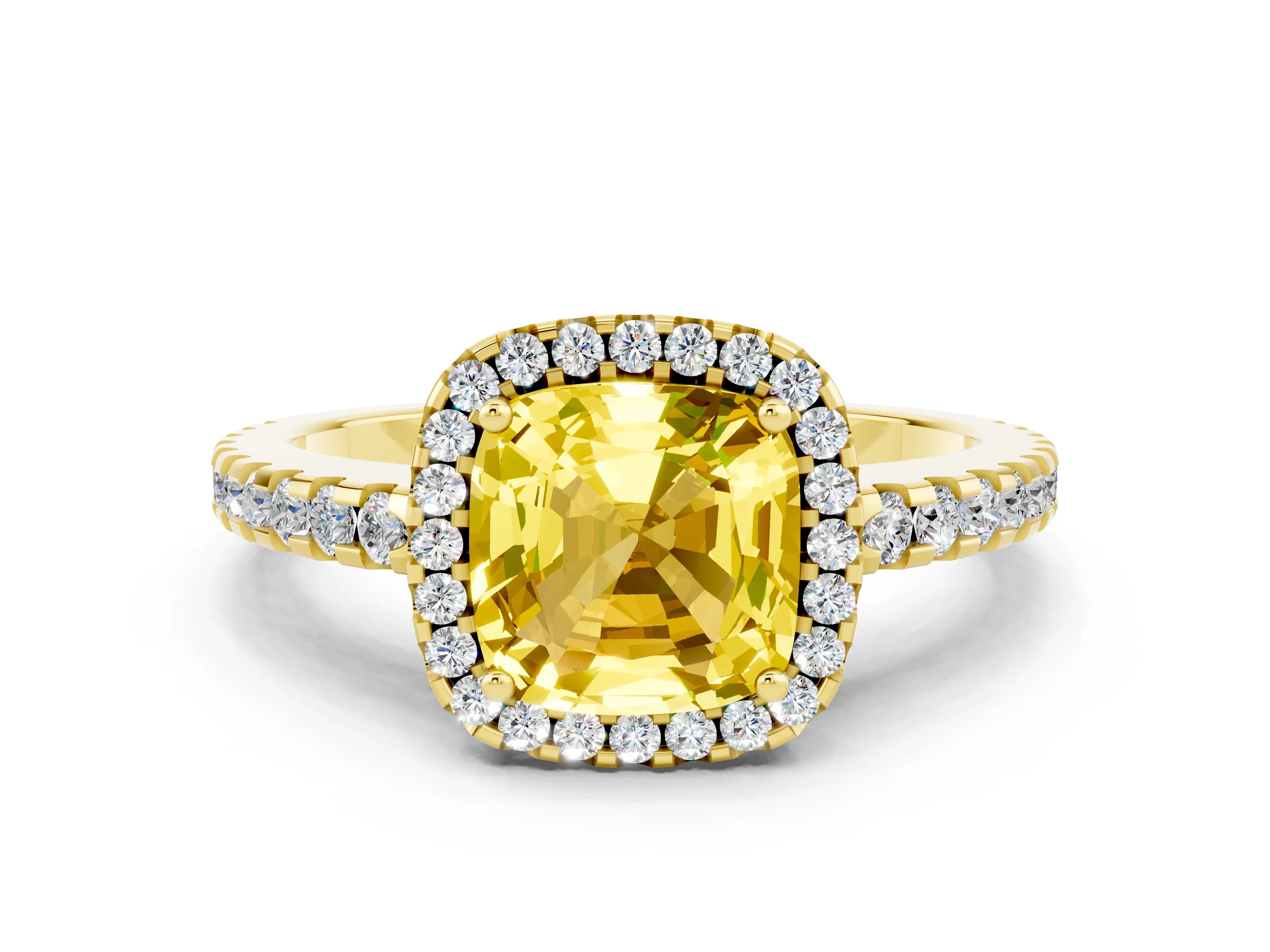Yellow gold Cushion Cut Yellow Sapphire Halo Engagement Ring with Pavé Band and Prong Setting_12