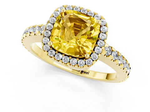 Yellow gold Cushion Cut Yellow Sapphire Halo Engagement Ring with Pavé Band and Prong Setting_13