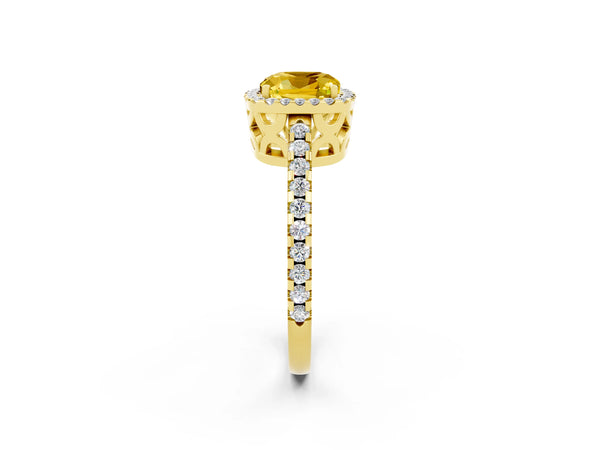 Yellow gold Cushion Cut Yellow Sapphire Halo Engagement Ring with Pavé Band and Prong Setting