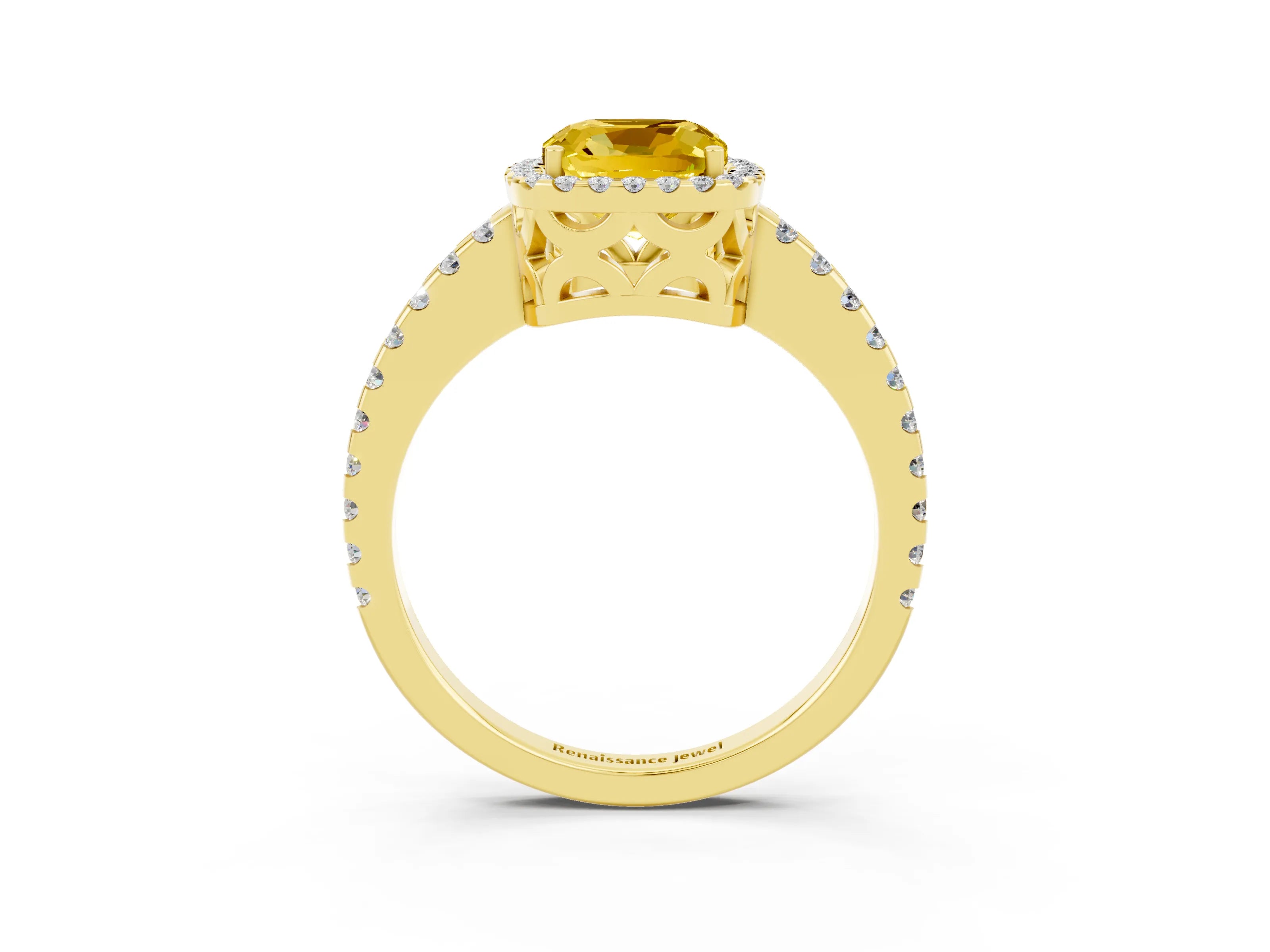 Yellow gold Cushion Cut Yellow Sapphire Halo Engagement Ring with Pavé Band and Prong Setting_15