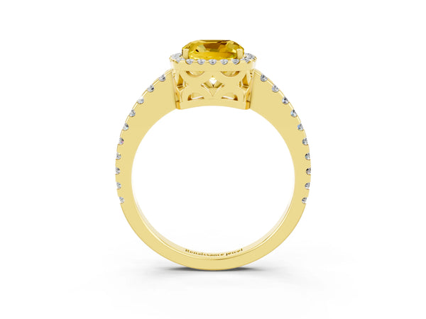Yellow gold Cushion Cut Yellow Sapphire Halo Engagement Ring with Pavé Band and Prong Setting