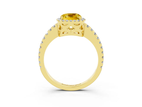 Yellow gold Cushion Cut Yellow Sapphire Halo Engagement Ring with Pavé Band and Prong Setting_15