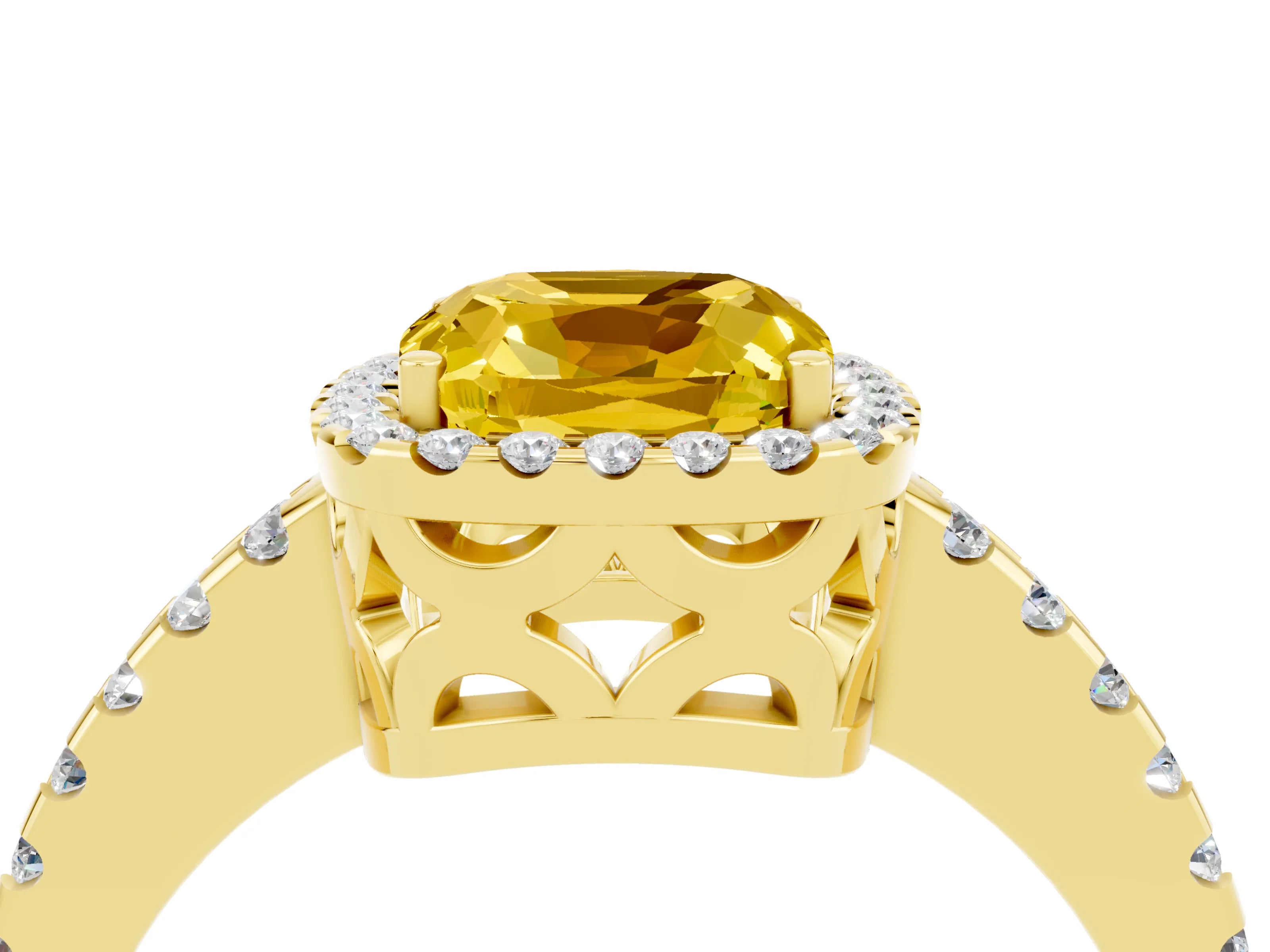 Yellow gold Cushion Cut Yellow Sapphire Halo Engagement Ring with Pavé Band and Prong Setting_16