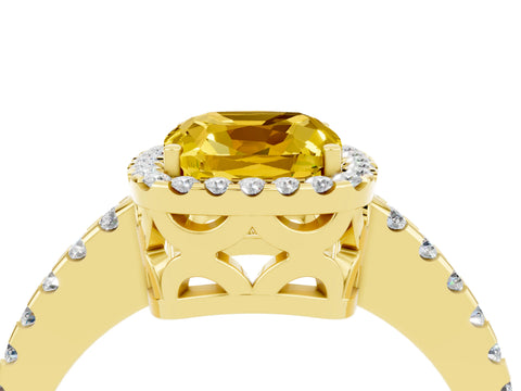 Yellow gold Cushion Cut Yellow Sapphire Halo Engagement Ring with Pavé Band and Prong Setting_16